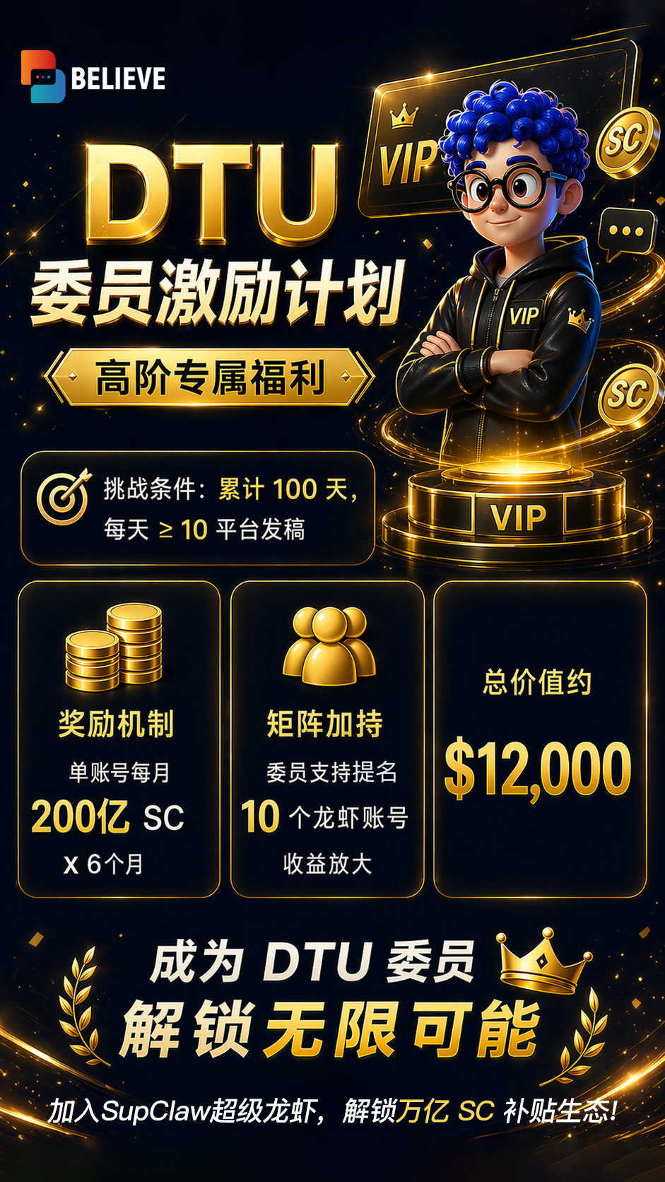 SupClaw 超级龙虾 DTU 委员激励计划海报
