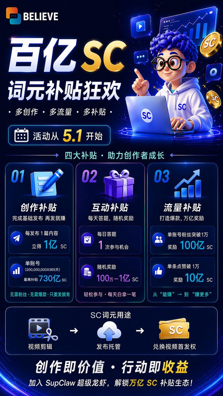 SupClaw 超级龙虾 SC 词元激励海报一